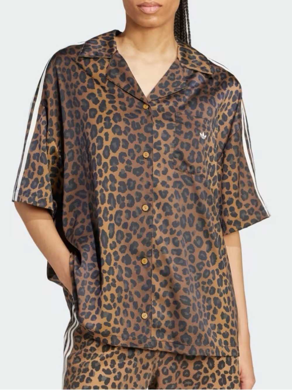 NWT Adidas Leopard Satin Print Oversized Button-Up Shirt Brown Black